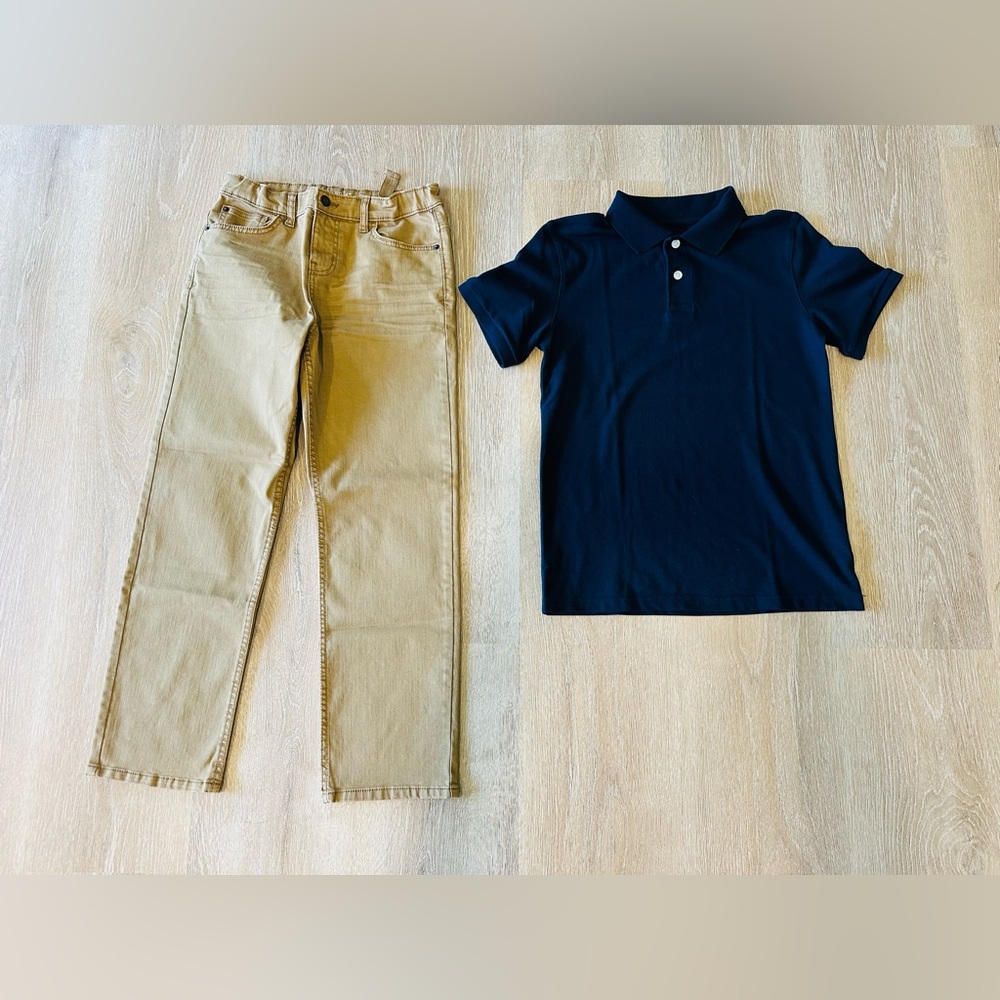 Cat & Jack Navy Polo Shirt and Tan pants size Lg/14